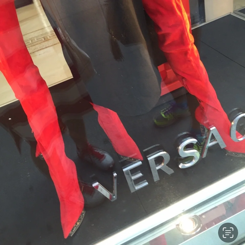 VERSACE HOLIDAY RED GREEK Over the knee boots suede 9.5 40 Gold shoes costume